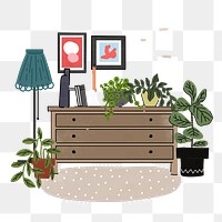 Cute living room png illustration, with furniture & home decor, transparent background