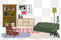 PNG mid century modern room illustration, with furniture & home decor, transparent background