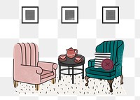 Cute living room png illustration, with furniture & home decor, transparent background