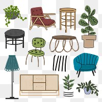 Cute home decor png stickers, furniture illustrations set, transparent background