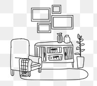 Living room png hand drawn sketch, home interior illustration, transparent background