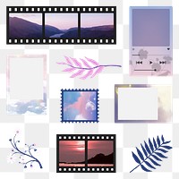 Purple aesthetic photo png frame stickers, transparent background set