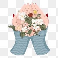 Png flowers in hands sticker, transparent background