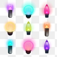 Party light bulb png sticker, neon design, transparent background set