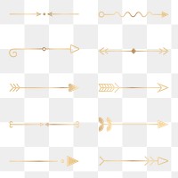 Png gold arrow divider, aesthetic sticker element set