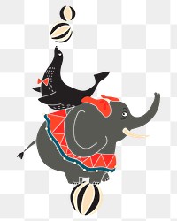 Png circus elephant and seal on ball sticker, cute animal, transparent background