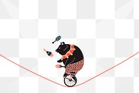 Png circus bear on unicycle sticker, cute animal, transparent background