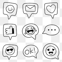 Emoticon doodle png sticker, social media reaction set on transparent background