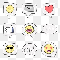 Emoticon doodle png sticker, social media reaction set on transparent background