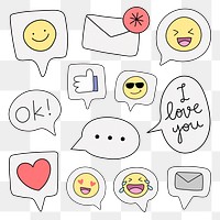 Emoticon doodle png sticker, social media reaction set on transparent background