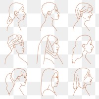 Diverse women png portrait sticker, aesthetic monoline art set on transparent background