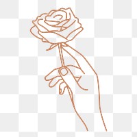 Hand png holding rose sticker, monoline illustration on transparent background