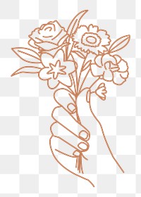 Hand png holding bouquet sticker, monoline illustration on transparent background