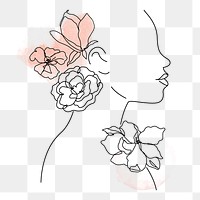 Female monoline png sticker, watercolor floral portrait on transparent background