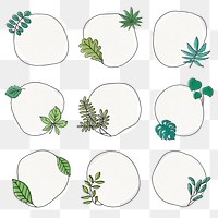 Png green leaf frame set, collage element collection on transparent background