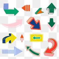 Cute png arrow doodle stickers, colorful hand drawn design, transparent background