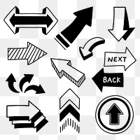 Png arrow sticker, hand drawn black simple design/doodle, transparent background set