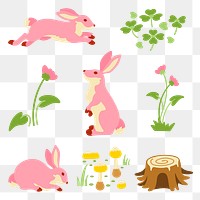 Rabbit png stickers, fairytale forest illustration, transparent background set