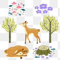 Png cute fairytale forest clipart set, transparent background