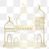 Png mosque sticker line art, golden color design, transparent background