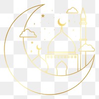 Golden Islamic mosque png sticker, flat line art design, transparent background