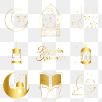 Png Ramadan sticker line art, luxurious color Islamic design, transparent background set