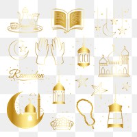 Png Ramadan sticker line art, golden color Islam design, transparent background set