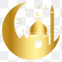 Png Ramadan sticker, golden color mosque design, transparent background