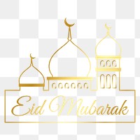 Png Eid Mubarak sticker line art, golden color mosque design, transparent background  