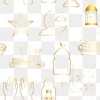 Ramadan png pattern, golden color line art design, transparent background  