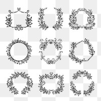 Vintage png frame, botanical wreath illustration, transparent background set