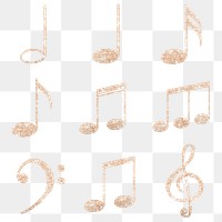 Musical notes png, clef sticker, beige glittery set on transparent background