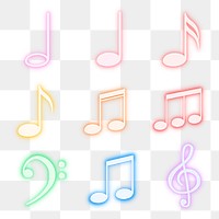 Musical notes png, clef sticker, colorful neon set on transparent background