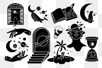 Black mystical png sticker set, celestial, transparent background