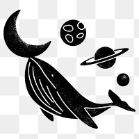 Black whale png sticker, outer space, transparent background