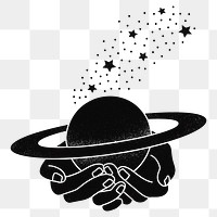 Mystical hands png sticker, black Saturn, transparent background