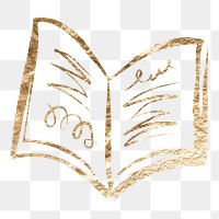 Open book png sticker, gold aesthetic illustration on transparent background