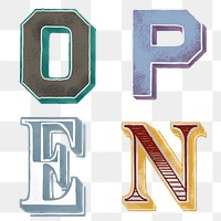 Open vintage varsity typography png font
