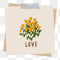 Love word message and flowers on notepaper set with sticky tape on transparent