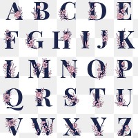 Floral alphabet png font typography set