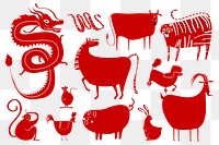 Red Chinese zodiac animals png journal sticker set