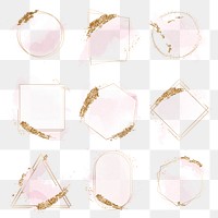 Pink watercolor png frame clipart, aesthetic pastel glittery design set