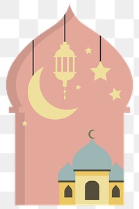 Png pink mosque design element with stars, crescent moon, and a lantern
