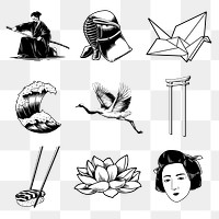 Traditional Japanese sticker design elements set