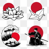 Traditional Japanese sticker design elements set