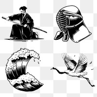 Traditional Japanese sticker design elements set