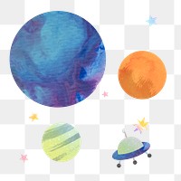 Watercolor planets and UFO element transparent png