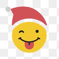 Round yellow Santa face with tongue emoticon on transparent background vector
