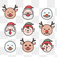 Santa, Rudolph reindeer, elf and snowman emoticon set isolated on transparent vector