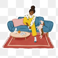 Girl playing with her dog in a living room sticker